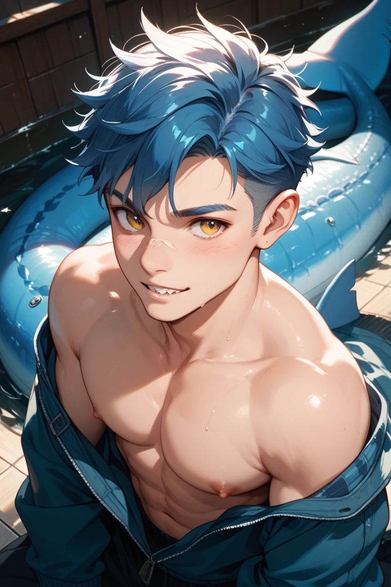 1boy, ((bara:1.5)), sport body, sexy, spread legs, detailed face, detailed hands, detailed legs, detailed fingers, detailed hair, detailed eyes, detailed skin, dynamic lighting, (detailed lighting:1.2), (detailed textures:1.3), (realistic lighting:1.2), realistic shadows, realistic skin, (photorealistic:1.4), 8k uhd, (hyper realistic), (photo realistic), (masterpiece), (best quality), body paint, naked, bare chest, flat chest, bare shoulders, bulge, underwater, wide angle, swimming, athletic body, male, iridescent skin, perfect eyes, messy green hair , bio-luminescent