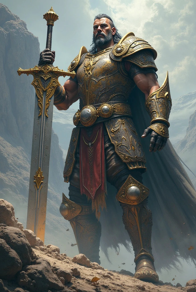 a profile picture, RPG art style of a fighter class Goliath, baldie, gray skin pale blue eyes who uses a long sword with shield and heavy armor and he has some war marks