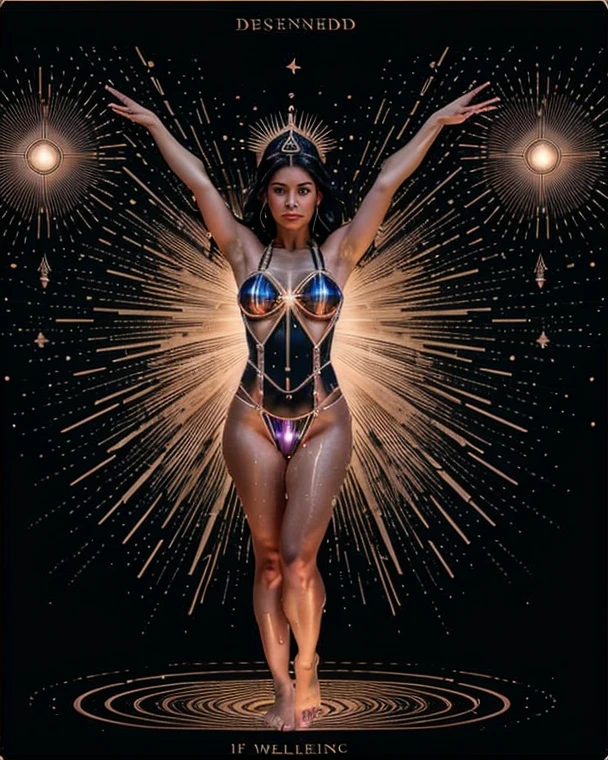Photo realistic imagery ((a complex 3 nude girls standing with a complex nude machine, Nude Goddess Diana, full body, golden heels in feet, nude body, perfect breasts, thin waist, round hips, Epic composition, golden Lights, photo, photography, transparent skin made of clear glass and crystal)), glowing transparent Nude body, embedded, ((golden mechanical gear parts in the body)) , inspired by Automata's elaborate design and luxurious Art Deco aesthetic, (dynamic pose), fractal art, (shiny skin), iridescent body, many lights in the body, electronic lights, (hands on their own Breasts), feet raised, ((transparent head)), transparent body, brilliant_eyes, camera: macro, lens: medium shot, using soft studio lighting (soft light: 1.8), futuristic background, mirror Reflection imagery and ultra-detailed 8K resolution rendering to capture fine details and reflective surfaces of clear glass, crystal and metal, 1 mechanical woman, ((ultra realistic details)), 8k, ultra sharp, intricate, portrait, illumination, metal, shadows, octane render, ornaments detailed, cold colors, egypician detail, highly intricate details, realistic light, trending on cg society, glowing eyes, facing camera, neon details, mechanical limbs, blood vessels connected to tubes, mechanical vertebra attaching to back, mechanical cervical attaching to neck, sitting, wires and cables connecting to head, low poly, isometric art, 3d art, high detail, artstation, concept art, behance, ray tracing, smooth, sharp focus, ethereal lighting.