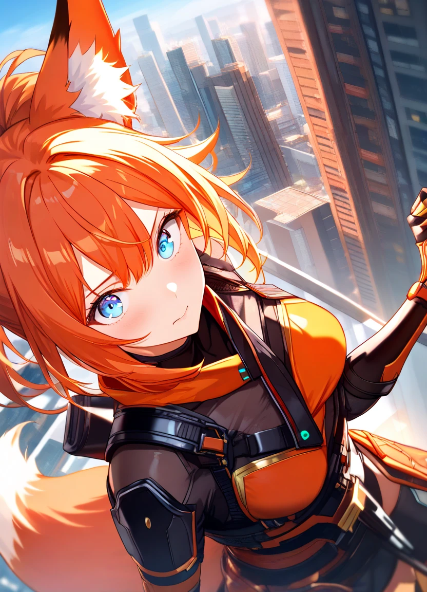 Cybernetic arm and glowing cyber girl,(Sheer and revealing costumes:1.3, )Stand on a post-apocalyptic battlefield cityscape.Surrounded by a network of wires. Surrounded by a web of circuits. (Cyber Girl with Orange Glowing Sword:1.3), Glossy light brown and orange striped shorthair,Cute smile,Perfect round face,A cheerful smile that makes the viewer happy,Proper body proportion,masutepiece,Super high-quality output images,hight resolution,Intricate details,Very delicate and beautiful hair,photos realistic,Dreamy,Professional Lighting,realistic shadow,Solo Focus,Beautiful hands,Beautiful fingers,Detailed finger features,detailed clothes features,Detailed hair features,detailed facial features,
