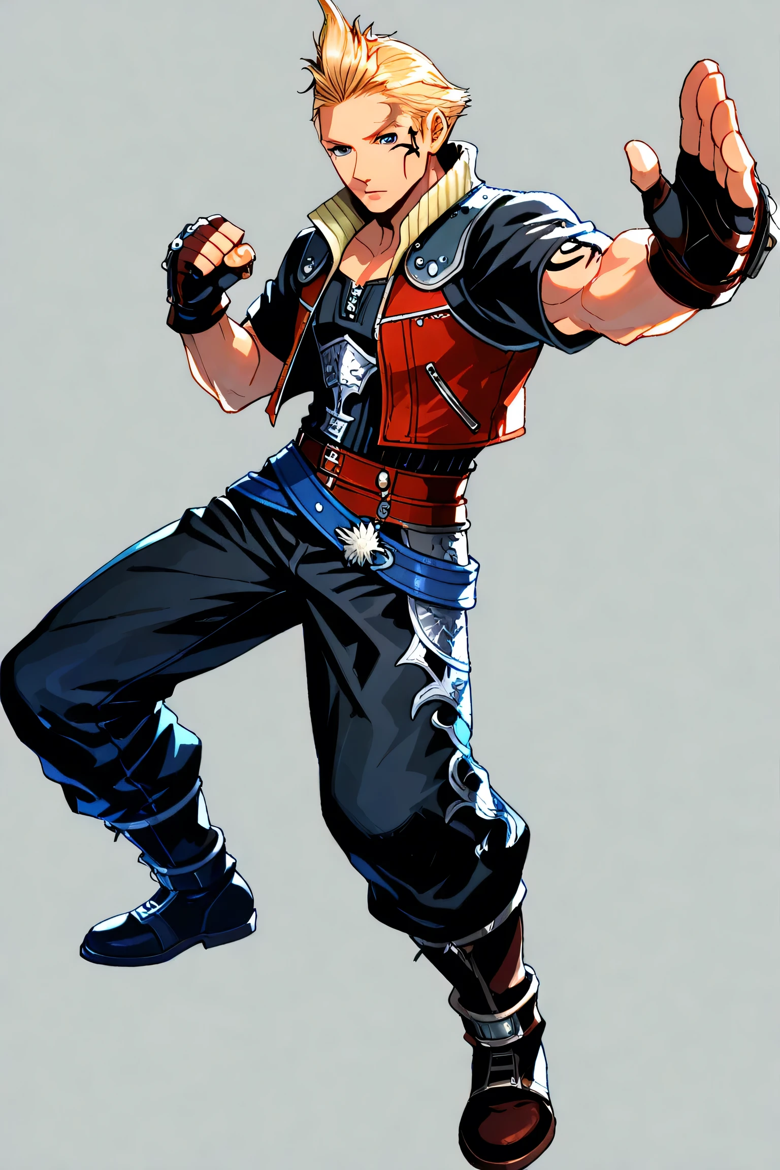 1 man,zell from final fantasy 8,alone,blond hair, muscular body,blue eyes, gloves, short sleeves jacket, tatoo, gloves, facial tatoo, red short sleeves jacket, black short sleeves jacket , two-colours jacket, black shirt, fingerless gloves, fighting stance, super perspective,jean, alone, full body, transparent background