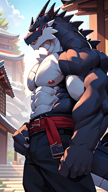 (afternoon), 1volibear, solo, fall,肌肉男,beard,middle-aged,white fundoshi,close-up,stud earrings,nipple ring,sweat,majestic,brutal,confident,strong,枫叶,correct hands,fallen leaves full body,good doggy,blush sticker,(worm's eye view),lying in,in the lake,milk(on body)