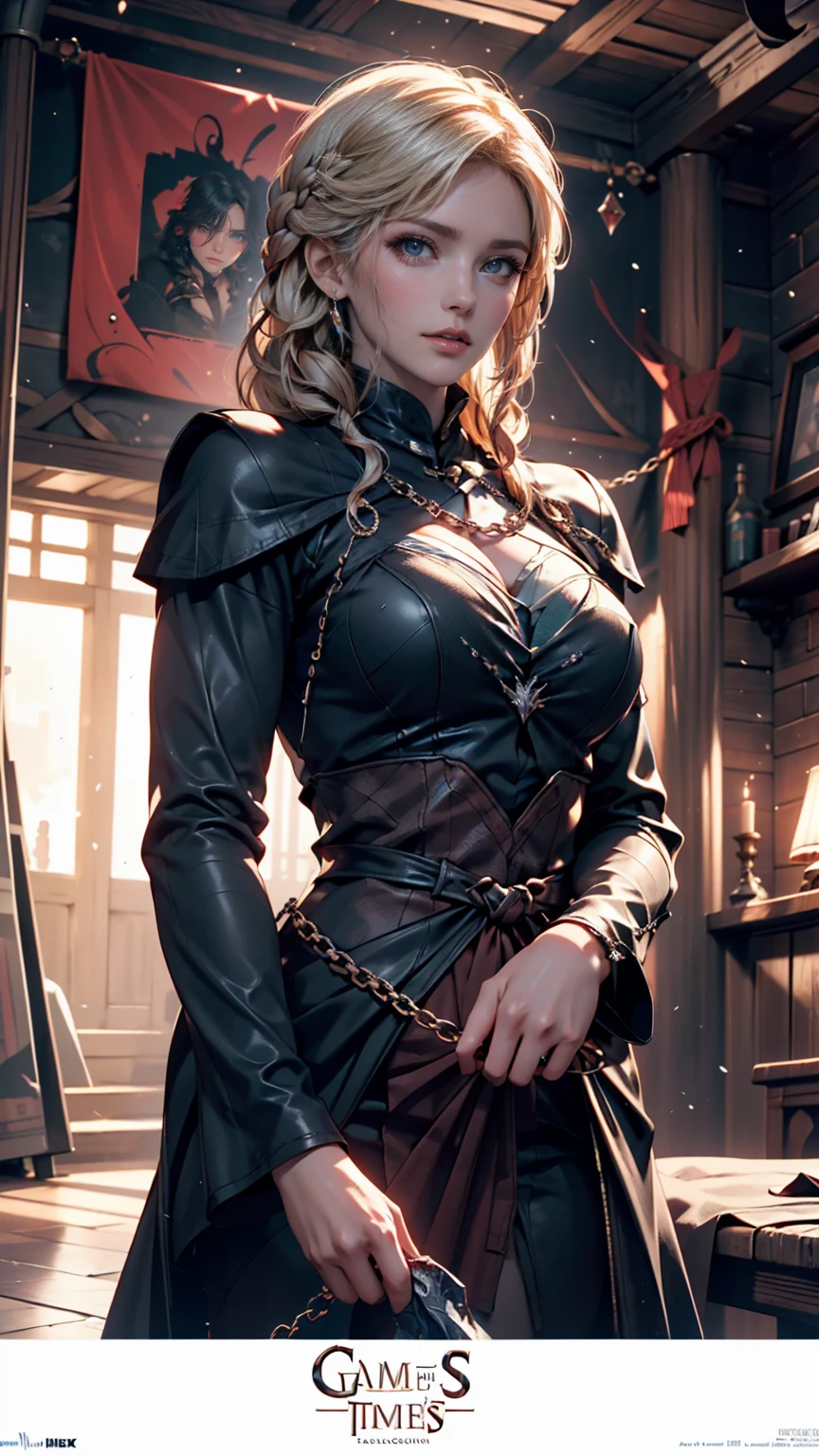 {-erro_de_anatomia:1.0}(Masterpiece - Ultra-Detailed, High Resolution) woman 40 years old, a woman (johanna constantine), wearing a brown overcoat , very long blond hair, curly hair, (blond hair), (dark blue 1 eyes), black choker . Indifferent look , merciless, dinamic poses, egoist smile, angry face,