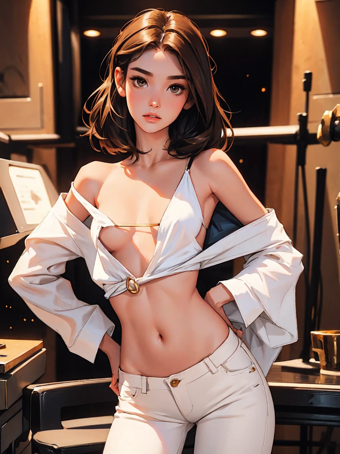 a brunette woman, with an exuberant. She wears a white, wet t-shirt, very translucent, ( t-shirt branca, colad no corpo: 1.0.you can see the shape of her perfect body, breasts and noticeable nipples, she doesn't wear underclothes.