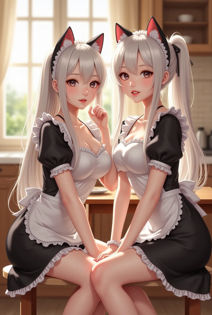 highest quality、masterpiece、((2 girls))、((smile))、(blush:1.3)、Black Shirt、blouse、((fun!!))、(Small breasts)、(single braid)、(Blonde)、()、((White apron:1.5))、((Maid))、((hair ornaments)),、Kamimei、look at me、 ((in house:1.5))、 Taking a break from watching the audience、Cowboy Shot、(skirt lift:1.3),(Highly detailed white panties:1.3)、(Highly detailed panties:1.3)、、(スカート that rolls up:1.3)、(Panties fully exposed:1.5)、Light blue eyes、