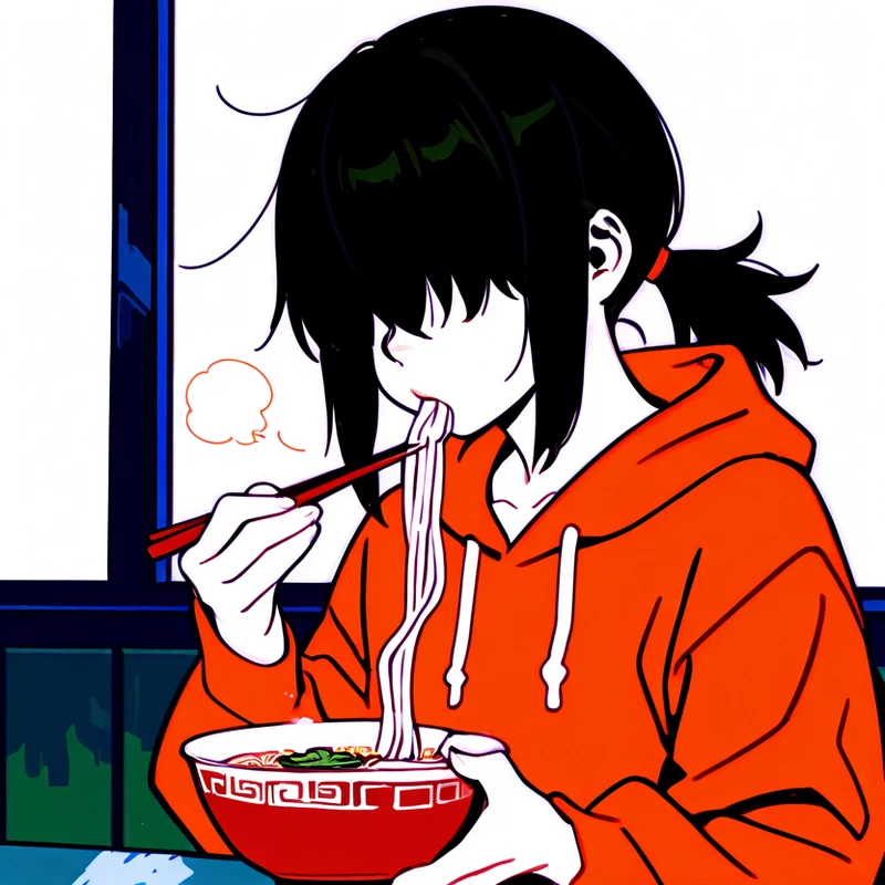(uncensored:1.3),
(Anatomically correct, High quality, detailed, master piece, best quality, ultra detailed, 4k, 8k, extremely detailed 2DCG),
(Anatomically correct hand:1.3),
(Natural color anime saturation),(character random),(Natural saturated colors),
((man:1.3)),(solo),
(Japanese Ghosts:1.3), Japanese horror,
perspective,
(noodle stall:1.3), In the streets of Japan, late at night,
((Eating ramen noodles with chopsticks:1.3)),
sitting at a street ramen stall eating ramen, with steam rising from the bowl, a few neon lights glowing in the background,
(orange color hoodie:1.3),
messy hair, low ponytail, short ponytail, hair over eyes, long bangs, black hair, Eyes are obscured by bangs,
A ghostly pale-skinned man, white skin,
male anthro by sadako, flat chested