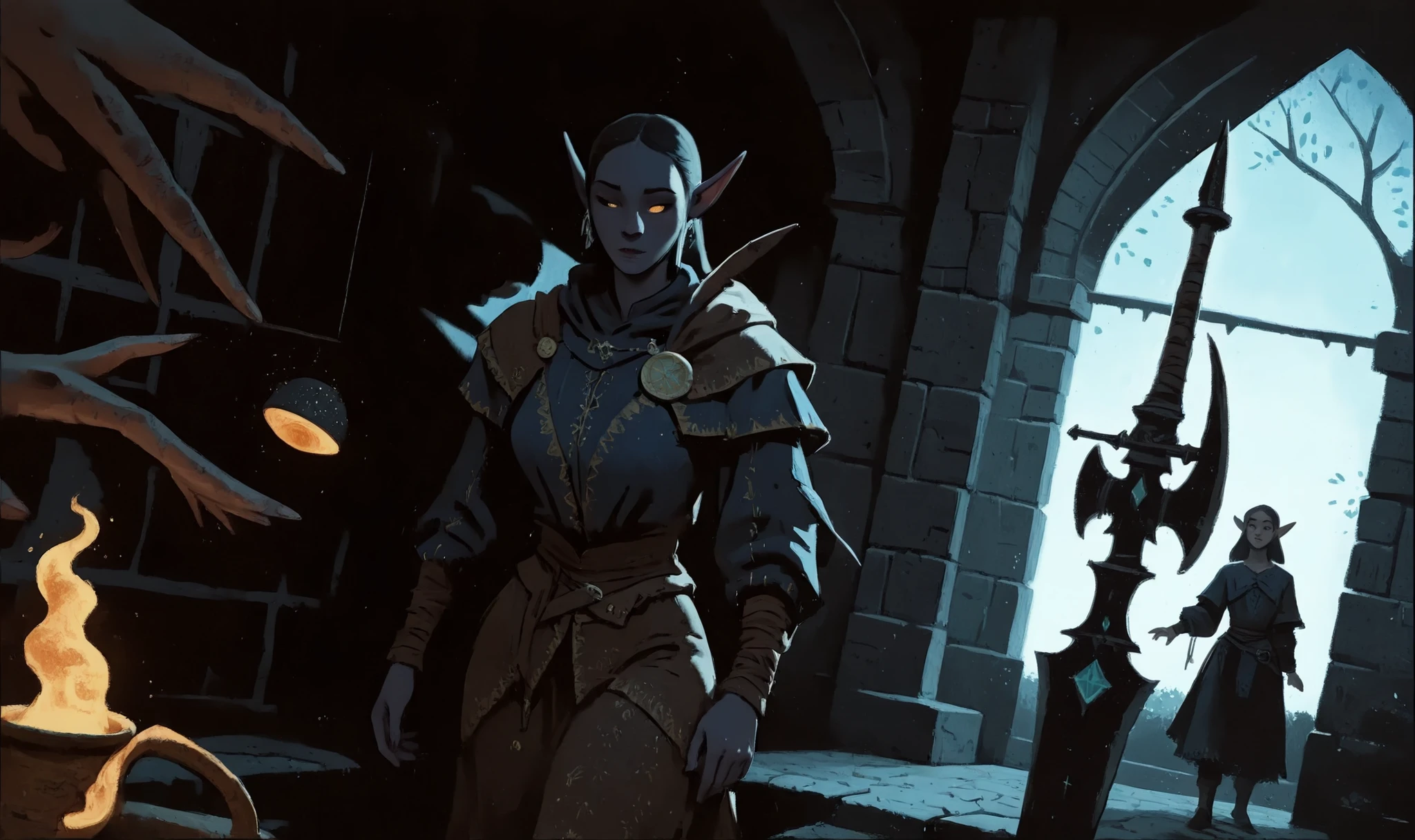 drki, clothing, detailed medieval clothes, 1boy, 1girl, dark elves, couple romantic scene, at night, fantasy aesthetic, painterly illustration, gouache painting, soft illustration, 2d art, abstract background, masterpiece, best quality, xss, ExpresHGothicNeonIncase, delicate background, masterpiece, best quality