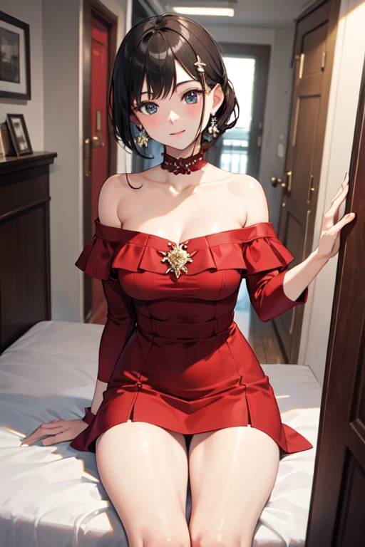 masterpiece,8K,high quality,fullbody:1.7,Clean blue eyes,open red mouth,Huge bursting breasts,open mouth,biggest breasts,Tight west,woman sitting on a bed,Sheer off-the-shoulder pink thin lace tulle night dress,fantasy art,red bra, Cute 3D anime,Long wavy shiny black-pink hair,Beautifully detailed body and face, beautiful avatar pictures, high quality detailed anime,Wide-angle view,luxury bedroom,full body:1.7,light up,