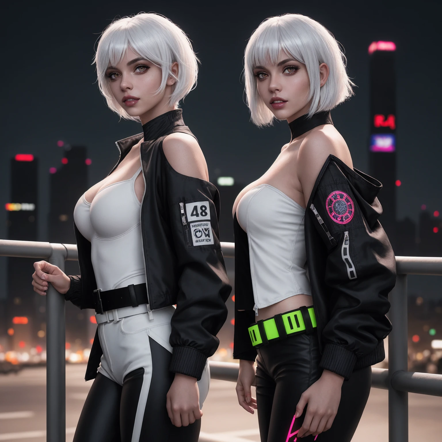 1girl, close up shot, (white hair, medium hair, large breasts, red eyes), perfect anatomy, city, cyberpunk style, ((white shirt, black jacket, black skirt, navel, belt, black gloves, neck tie, wrist watch, earrings, see through black leggings)), ((holding gun)), war, ruined city, battle field, rubble, buildings,cigarette, (two heads)