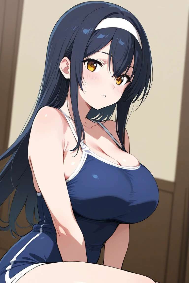 (masutepiece, Best Quality, High resolution, anime colours, megami magazine:1.2, anime poster style, anime keyvisual, sharp, 8k, photorealistic), (beautiful eyes:1.5, beautiful face), Kotegawa Yui, 1girl, solo, Cute, (Long Black Hair), (sagging large breasts:1.8), (tight camisole, no bra), (cleavage:1.5), (cowboy shot), (Perfect detailed Anatomy, beautiful detailed hair, perfect detailed body:1.2, shiny skin), (thick outline, Beautiful outlines, black outlines), simple background,