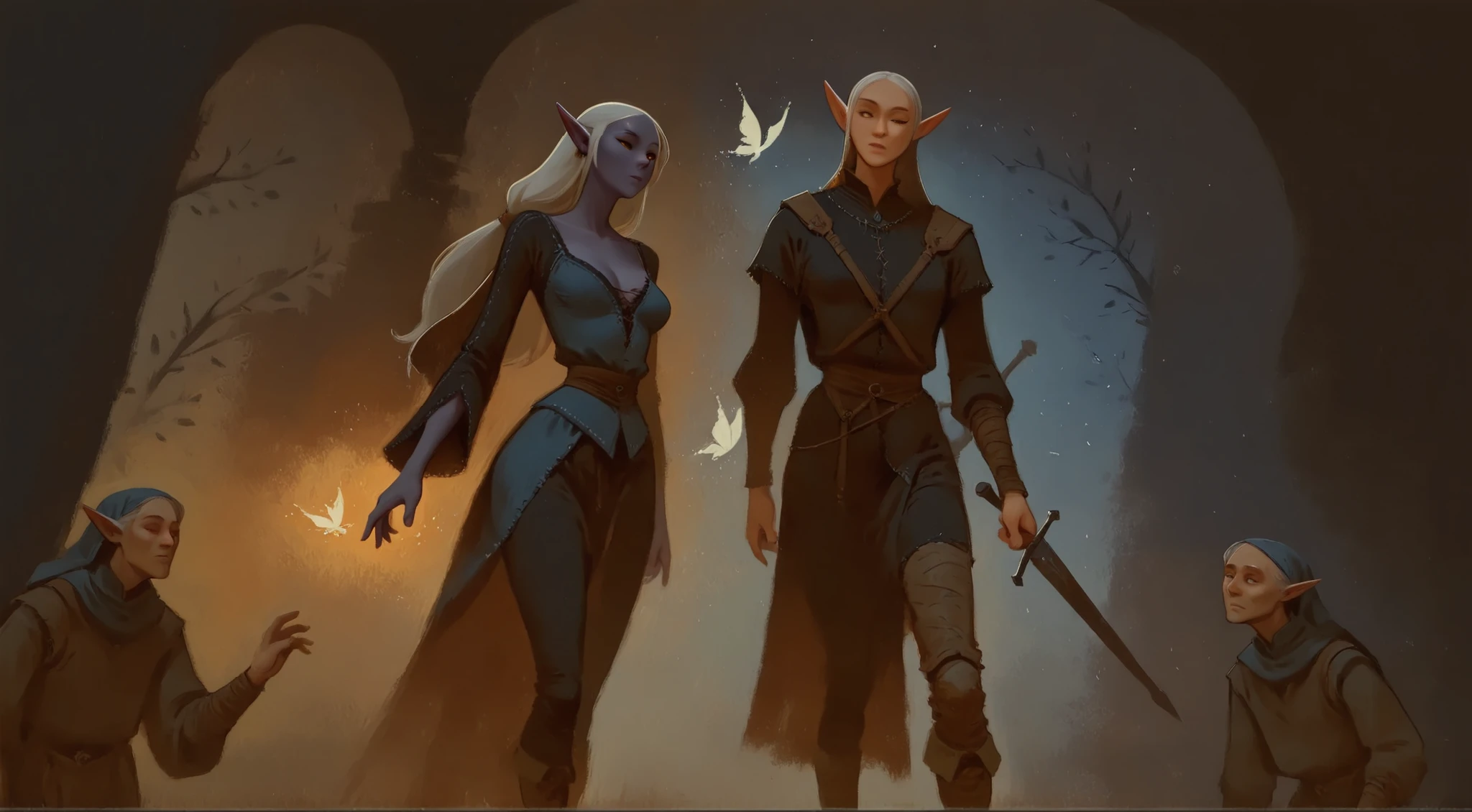 drki, clothing, detailed medieval clothes, 2boys, dark elf, at night, fantasy aesthetic, painterly illustration, gouache painting, soft illustration, 2d art, abstract background, masterpiece, best quality, xss, ExpresHGothicNeonIncase, delicate background, masterpiece, best quality