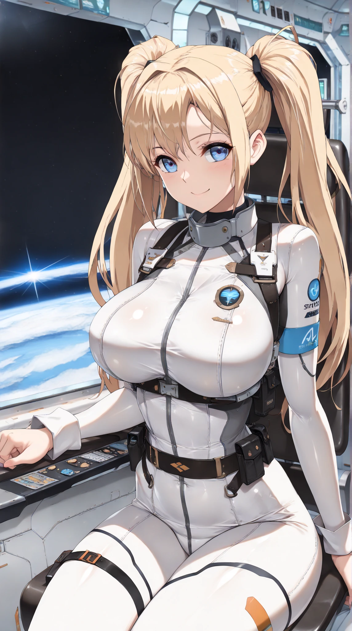 独奏、Braiding、1 girl in、depth of fields、Long Blonde Hair、Inside the space station、Make eye contact、sitting on、​masterpiece、top-quality、(top-quality)、((​masterpiece))、(hight resolution)、Original、Very detailed 8k wallpaper、(extremely delicate and beautiful)、((A detailed face))、(white futuristic bodysuit space suit):1.3,beautiful finely detailed eyes、Hair that flutters in the wind、dishevled hair、lensflare、1 girl in、full body Esbian、(blue eyess)、(head phone)、(yellow  hair)、(Cute little girl:1.1)、Beautiful fine eyes、orange color hair、Very long hair、tiny chest、(looking at the viewers)、(magazine:1.3)、(coversスタイル:1.3)、Fashionable、femele、with a vibrant、outfits、the pose、the front、Colorful、Dynamic、Background with、element、I'm confident、expresive、ngel、statement、accessorized、An majestic、coiled、surroundings、Touch、The scene、Texto、covers、It's bold、captures the attention、Titles、Stylish、Font、Catchy、headline、The large、Impressive、moderno、Trendy、Focus、lo fashion
