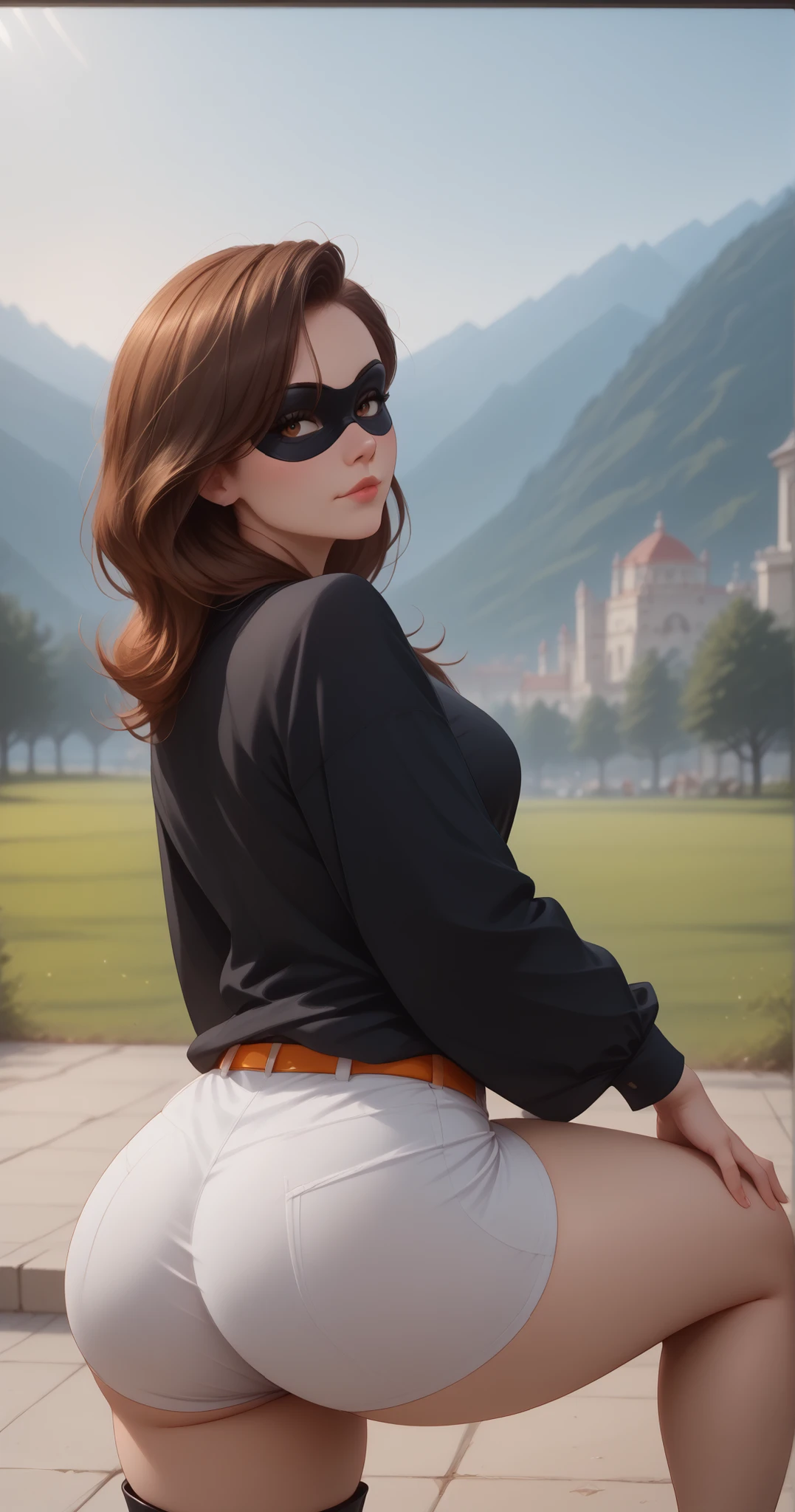 score_9 , score_8_up , score_7_up , score_6_up , BREAK, (((Best Quality , 8K , Masterpiece: 1 . 3)) , Full Body , Focus Clear: 1 . 2 , Outstanding Beauty: 1 . 4 , Slender Abs: 1 . 2)) , ((dynamic angle)) , (((wide view))) , wide-angle lens , extremely detailed , CG , 8k Amazing , finely detail)) , (intricate details , depth of field) , 8k UHD, Expressiveh , (cute face , cute body))), 1girl, high detailed, backside, photo from behind, thicc, wide hips, tight shorts, detailed face, beautiful expression, alluring gaze, captivating pose, elegant silhouette, dynamic composition, cinematic lighting, warm color palette, photorealistic, 8K, hyper detailed, professional photography, natural skin tones, studio lighting, (((1girl, helenp, helen parr, elastigirl, brown hair, brown eyes, domino mask, mask, red bodysuit, black highleg shorts, orange belt, black elbow gloves, black thigh boots, wide hips, medium breasts))), ((((seductive pose , sexy pose , cowboy pose , hourglass figure)))) , ((precise face and eyes:1))
