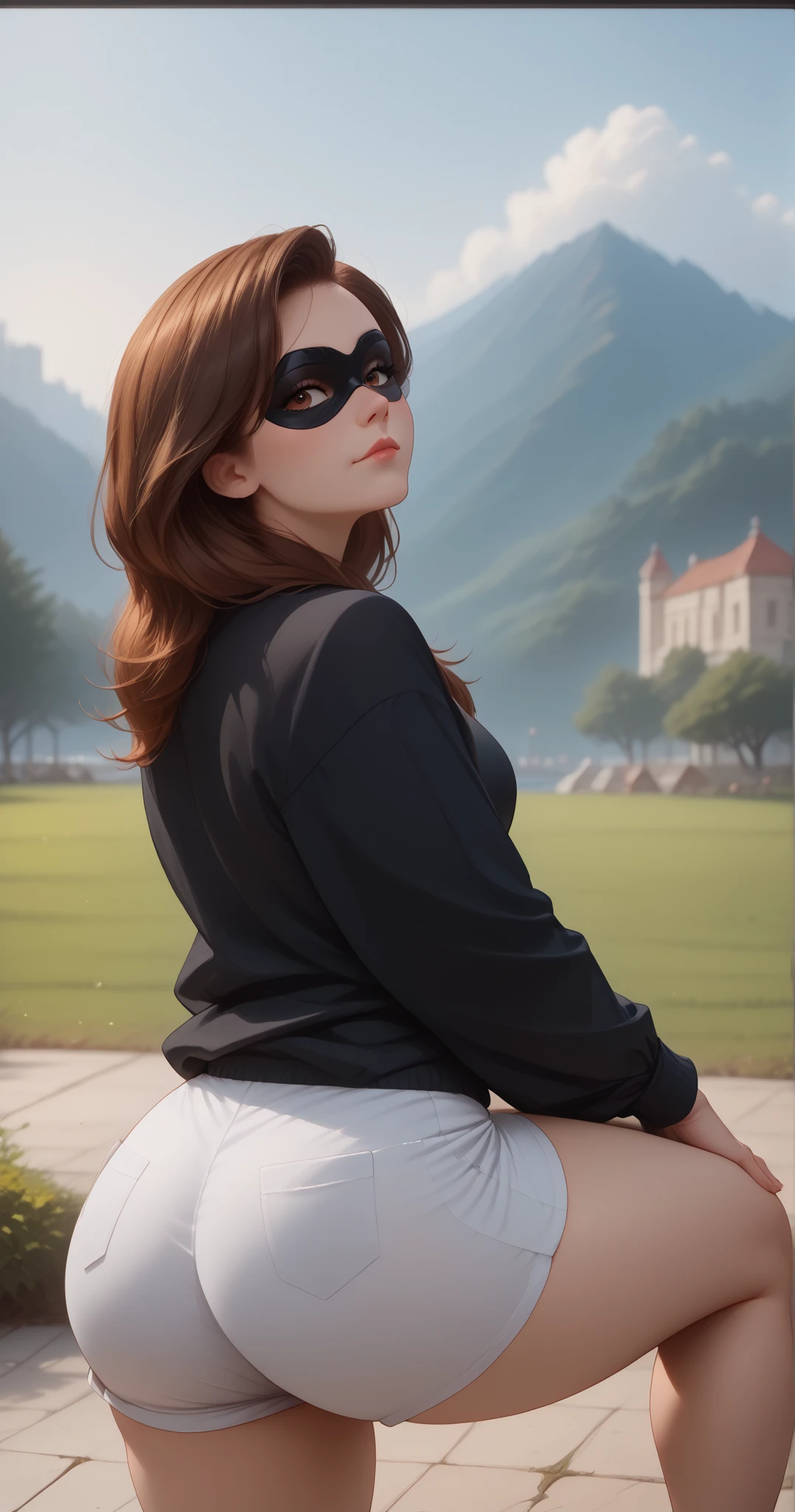 score_9 , score_8_up , score_7_up , score_6_up , BREAK, (((Best Quality , 8K , Masterpiece: 1 . 3)) , Full Body , Focus Clear: 1 . 2 , Outstanding Beauty: 1 . 4 , Slender Abs: 1 . 2)) , ((dynamic angle)) , (((wide view))) , wide-angle lens , extremely detailed , CG , 8k Amazing , finely detail)) , (intricate details , depth of field) , 8k UHD, Expressiveh , (cute face , cute body))), 1girl, high detailed, backside, photo from behind, thicc, wide hips, tight shorts, detailed face, beautiful expression, alluring gaze, captivating pose, elegant silhouette, dynamic composition, cinematic lighting, warm color palette, photorealistic, 8K, hyper detailed, professional photography, natural skin tones, studio lighting, (((1girl, helenp, helen parr, elastigirl, brown hair, brown eyes, domino mask, mask, red bodysuit, black highleg shorts, orange belt, black elbow gloves, black thigh boots, wide hips, medium breasts))), ((((seductive pose , sexy pose , cowboy pose , hourglass figure)))) , ((precise face and eyes:1))