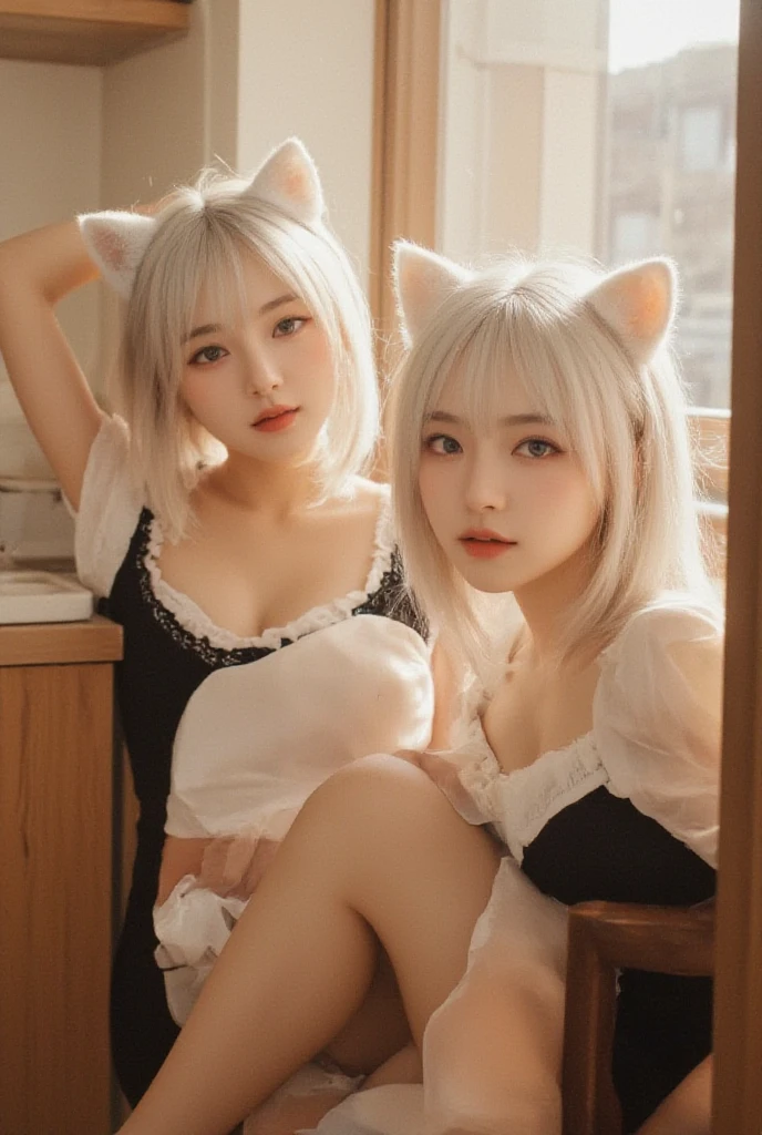 Stable Diffusion prompt:
"(best quality, ultra-detailed, realistic:1.37), beautiful detailed blue eyes, long eyelashes, detailed lips, white hair, maid outfit, smiling, sitting inside a cozy cafe with white fox ears and a white nine-tailed fox tail, surrounded by a pleasant blue-toned ambiance, where the sunlight gently illuminates the scene."