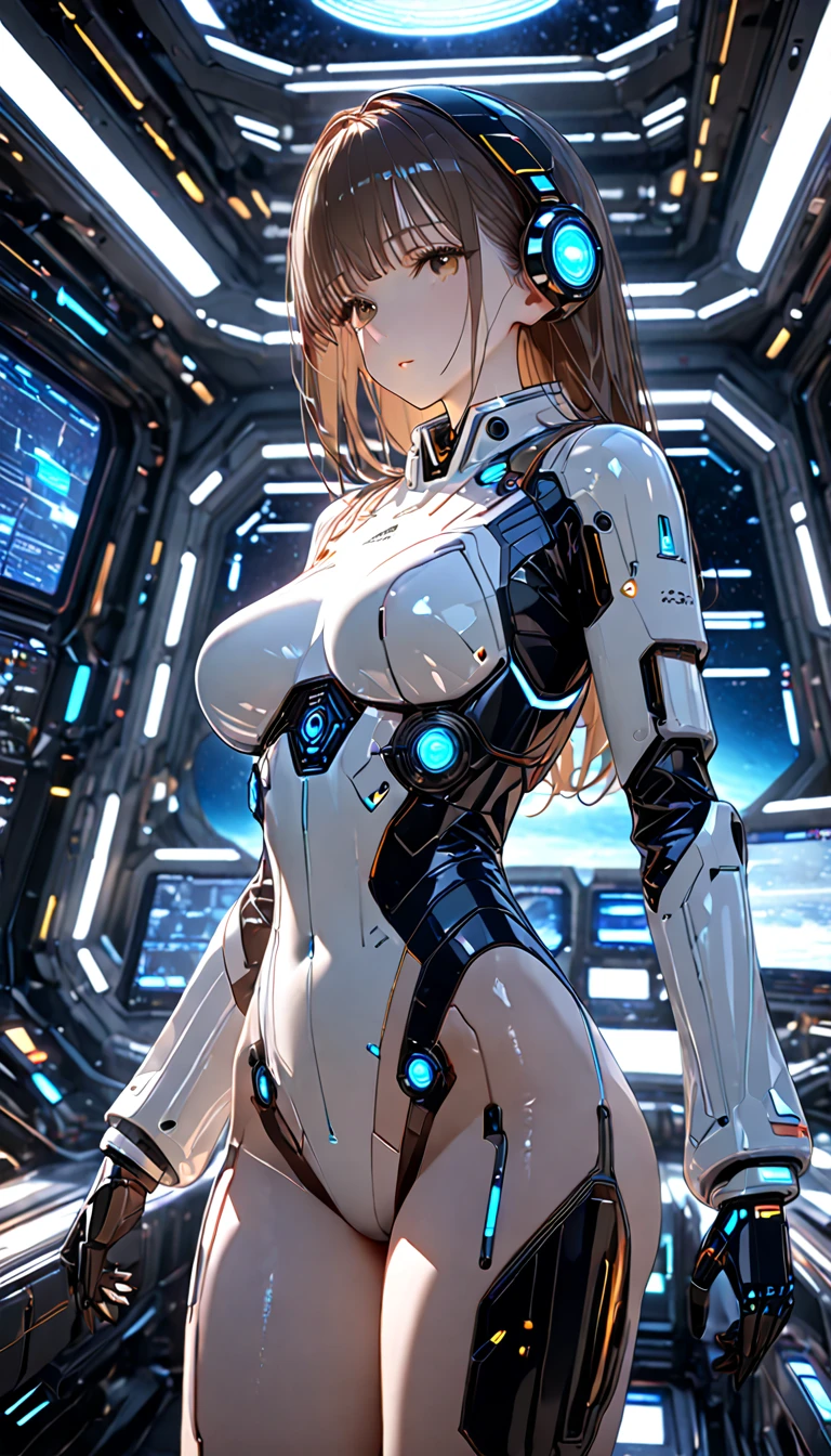 (realistic:1.4), (Raw photo)table top, highest quality, very detailed, (realistic:1.4), (8K, 4k, highest quality, High resolution, 超High resolution:1.1), 8K portrait,1 girl, Japanese アンdroid gid,Plump , announcer,Control panel,アンdroid,droid,mechanical hand, ,robot arms and legs, black hair,Machine body,dull bangs,white robot parts,perfect robot woman,charging spot,long tube,A thick cable was connected to his neck...,ceramic body ,Machine body, mechanical ear covers,アンdroid,robot humanoid,a little chubby,panties,full eyes,perfect machine body,white robot body,laboratory of the future,アンdroid factory,mechanical ear covers,white and light blue uniform,aqua accent costume,