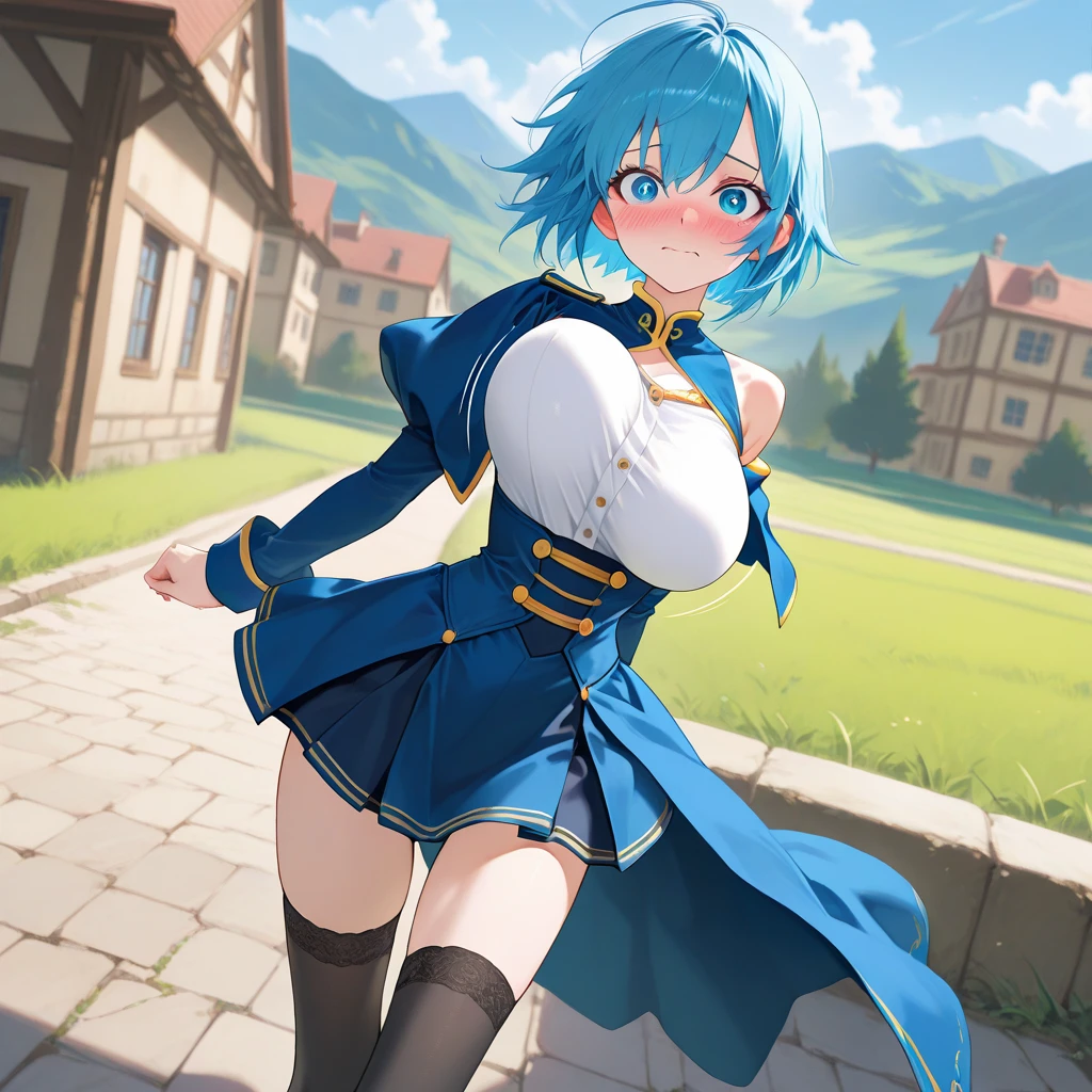Absurdres, masterpiece, highest quality, very detailed features and textures, alone solo character, anime style, fantasy genre
{{(14 years old blue haired elf girl: (pale skin, short messy spiky sapphire blue hair, heterochromatic eyes, very thin lips, nice teenage body, breasts, big butt, beautiful arms, beautiful legs, happy face, open smile, running happy), (white bodysuit, red long ainu themed scarf, white sleeves, white gloves, white boots, white leggings, yellow belt, yellow bag), (danish city street, sunny morning, danish houses around)}}