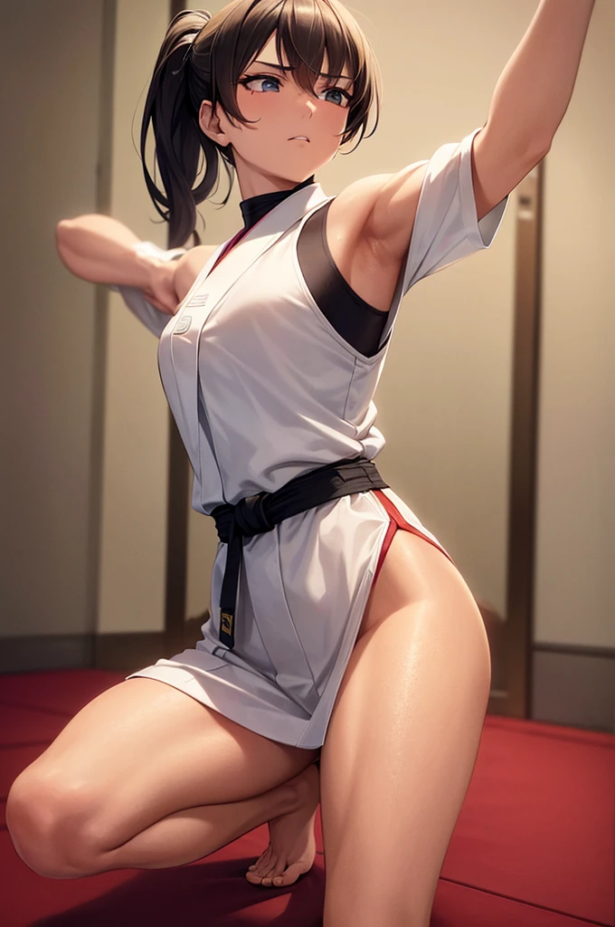 1girl,18yo,perfect hands, perfect finger,perfect anatomy, masterpiece, best quality,realistic, hyperrealistic, 16k hdr,, aamii, short hair, black hair, blue eyes, glasses,(karate gi,:1.2),(no bra,cleavage:1.1),(micro panties:1.1),(sweat:1.1), (judo hall:1.2),(red blush),(dynamic pose:1.2),dynamic angle,from below,cameltoe,show off panties