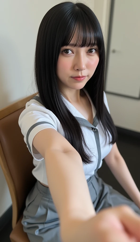 Highest quality, Ultra-high resolution, Highly detailed skin, Physically Based Rendering,Down blouse, Looking down,(A 14-year-old Japanese girl is sitting leaning forward., Very good, Layered button-up shirt, , Small breasts, Nipples are visible, From left and right to top),(Japanese school girl uniform),(Beautiful background:1.2), (Cleavage)Sitting in a chair, Long black hair, open-necked white blouse