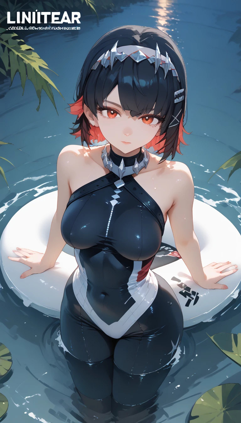 masterpiece, UHD, black hair, shapely, 1girl, orange crop top, detailed face, (beautiful and detailed orange glowing eyes:1.4), front shot, from bellow, smiling, full body, lake background, crystal clear water, park, night,