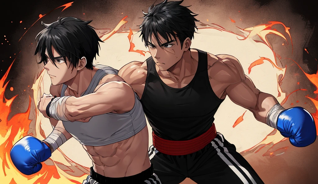 generate a detailed image in which cain, 16 year old, black hair, shirtless, angry face, fighting with abel, 18 year old, red hair, shirtless, feeling ill
