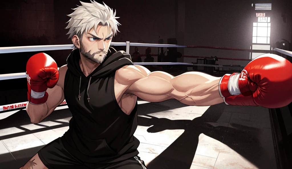 a shirtless tired sweating 19-year old handsome caucasian male in faded haircut, mma gloves, white fighting shorts, cute, handsome face, six-pack abs, beautiful body, well-defined body, sweating profusely, dripping sweat, drenched with sweat, panting, exhausted, in the ring
