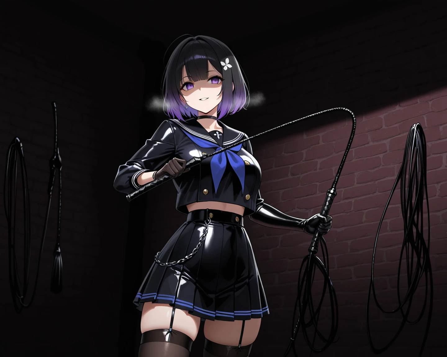 Komi, female, solo, 1female, toned, wide hips, very skinny, very thin, very slim, very slender, thick thighs, ifbb, thin waist, slendered abs, narrow waist, small waist, erection, boner, futa_overflow, futanari, school background, empty classroom, shy, surprised, flat chest, flat chested, on all fours, bulge, bulge in the crotch, goth outfit, gothic, fishnets, short hair ponytail, small black underwear, bikini harness, panties, fingerless long gloves, skull patterns, belts, ropes, spiky choker, steamy, sweaty, pentagram, black lipstick,