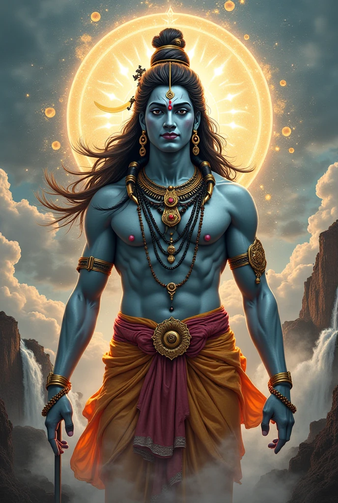 "Create an 8K ultra-realistic and intricately detailed image of Lord Shiva as part of the Holy Trinity in Hinduism known as the Trimurti. Depict Shiva with his iconic third eye on his forehead, holding a trident (Trishula) and seated on a tiger skin. Surround Shiva with Brahma (the creator) and Vishnu (the preserver). Brahma should have four heads and hold the Vedas, while Vishnu should have blue skin and hold a conch and discus. Place the three deities in a celestial, divine setting with realistic lighting that highlights their features and divine aura. Ensure the scene captures the majesty and spirituality of these divine figures with vibrant colors, high contrast, and meticulous attention to detail. Incorporate elements that symbolize their roles in creation, preservation, and destruction."