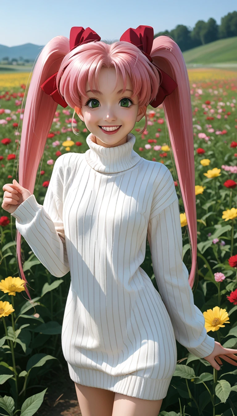 3d, cgi, 3d render, cartoon, 1girl elf, long pointy ears, smile, multi color hair, blush, Gingham High-low skirt, Turtleneck, , , , hand on own face, blush stickers, standing, flat chest, oekaki, A sun-drenched field of sunflowers, stretching as far as the eye can see and radiating warmth in background