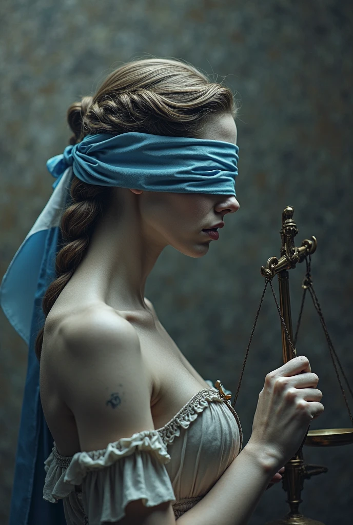 man tightening rope noose around arab woman's neck, short hair, curly mullet , stockings and long gloves, beautiful, sexy, age 16, naked, 1 woman, man putting rope around woman's neck, woman serious expression, woman empty expression, wide-eyed, scared, execution by hanging, gallows