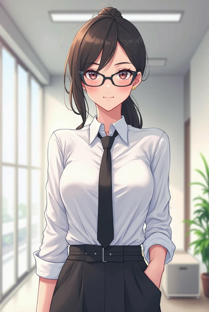((super high quality,Ultra-high resolution,16K,super masterpiece,Ultra HD,Detailed shading)),the sunlit entrance,A seductive mother,(popped collar White shirts,Bring the hem out,Tight collar,Long sleeve,BLACK Pencil Skirt),sexly,Black hair semi-short,Sweep your bangs to the side,Glasses,smile,Pearl Earrings,Pearl Necklace,Engagement Rings,slouch,Sunlight streaming through the doorway,