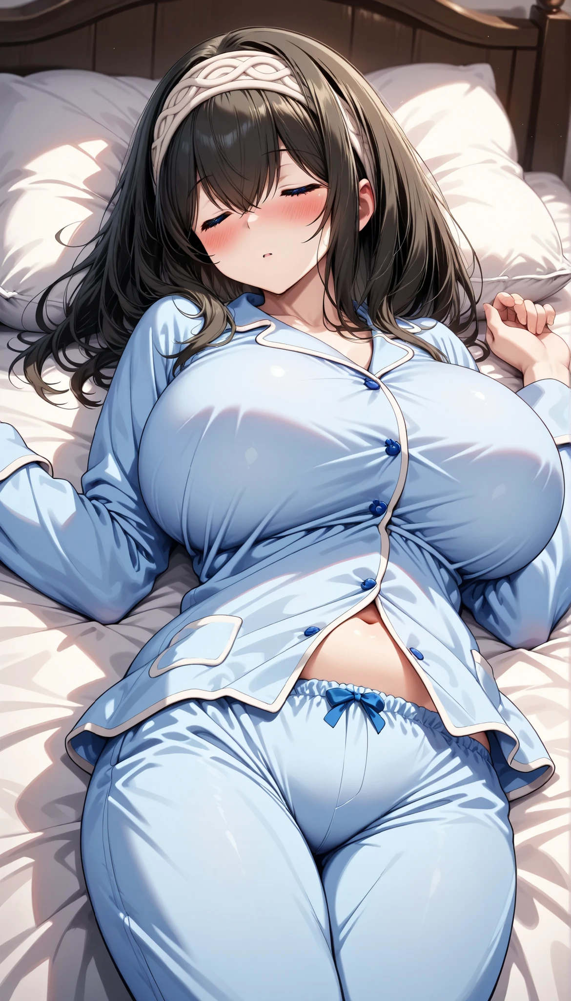 Hime cut with long black hair、Has straight bangs and blue eyes、Girls with very large breasts。Wearing a pajama trouser set。rather large udder。Unbelievably large breasts。Lying alone in bed with my eyes closed。The fabric is opaque。good morning