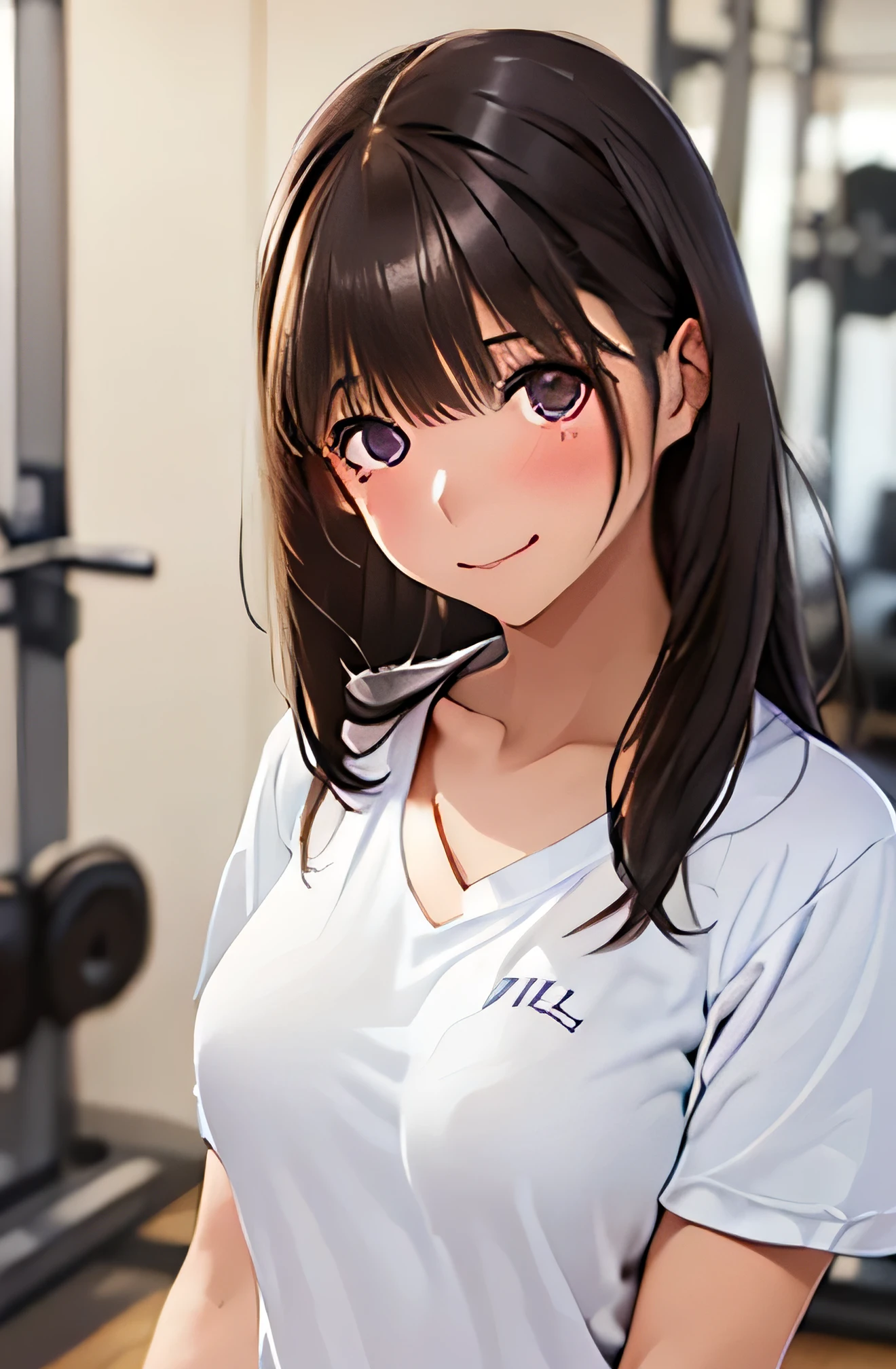 ((1 girl,solo))((black brown hair,long hair))(((buruma), dark blue buruma, school, gym shirts, white shirts, white t-shirts, short sleeves, gym uniform))((thigh))((indoor))((standing))((v-shaped eyebrows))((half closed eyes))((sharp eyes))((sweat,blush,closed mouth))((sweat skin))((medium breasts))((swollen nipples:1.3))