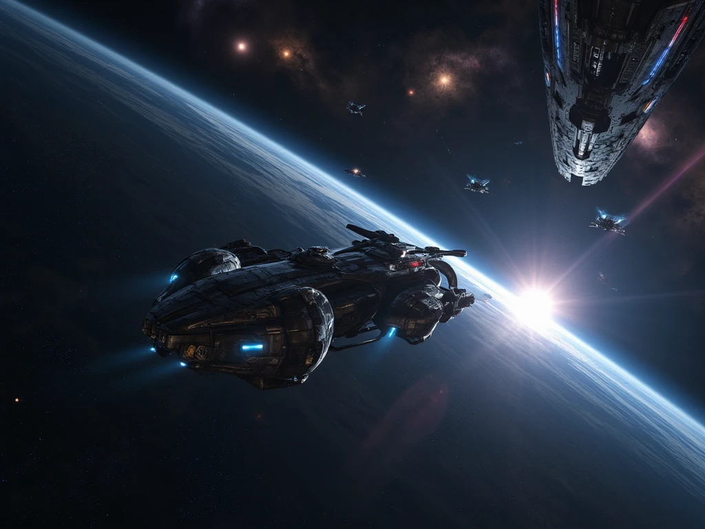 an interstellar scene, space with galaxies,  in the foreground is a fleet of large space vehicles heading to a distant star, one resembles a futuristic Noah's Ark, ultra detailed high tech space design, dramatic scene, space dest, nebulae