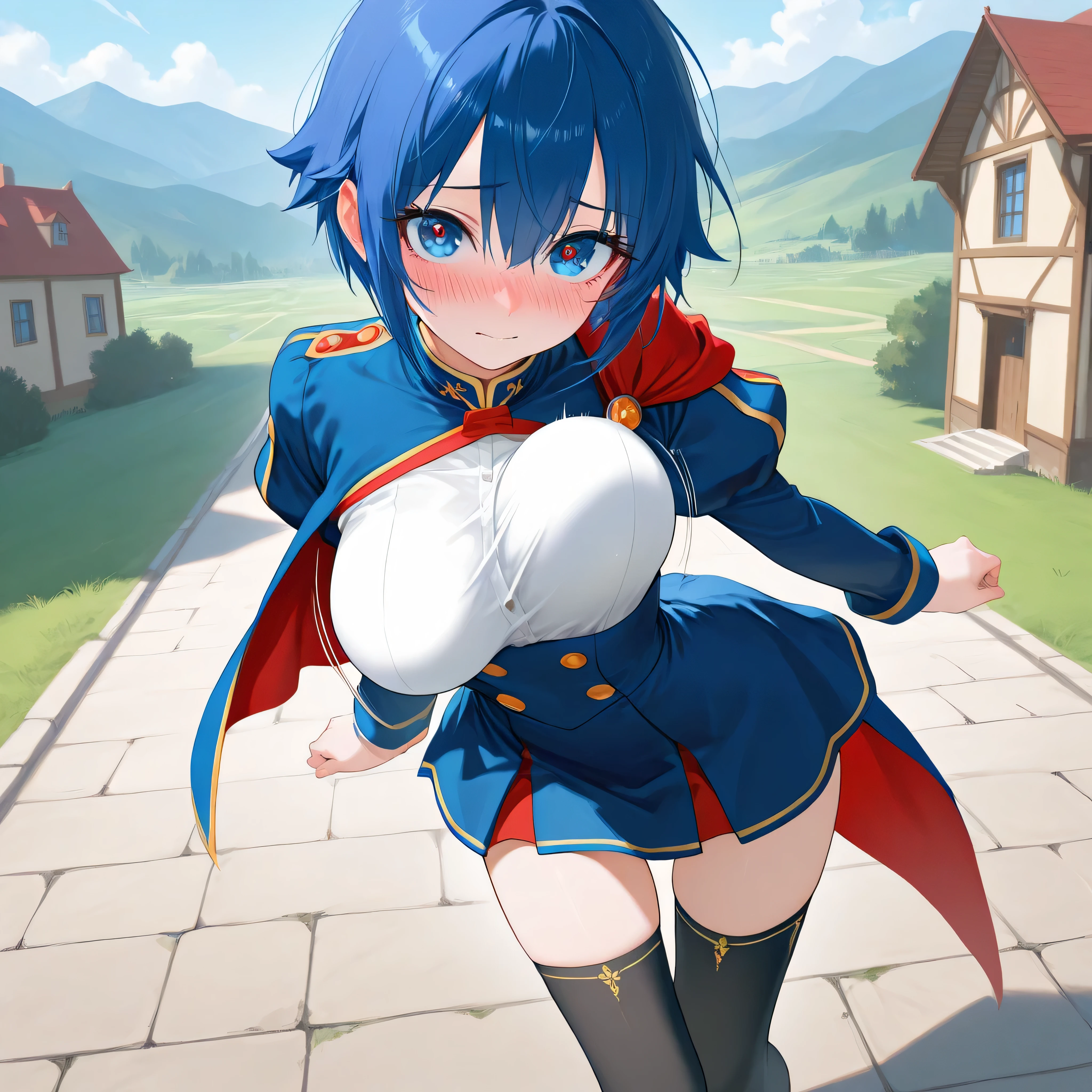 1 female,blue hair,red ribbon ,((Surprised look)),beautiful breasts,Eyes like very big breasts、huge boobs、white shirt,Blue Dress,good style,Slender thighs,Decorate the front beautifully)(((blush cheeks、embarrassed expression、Naughty smile)),(((The skirt is rolled up by the wind)))、long bob cut、Rem of Rezero、Not wearing panties、Not wearing panties、Not wearing a bra、heart-shaped pupil, Unusual pupils, ?????? tattoo, Heart-shaped tattoo、open your mouth、stick out tongue、