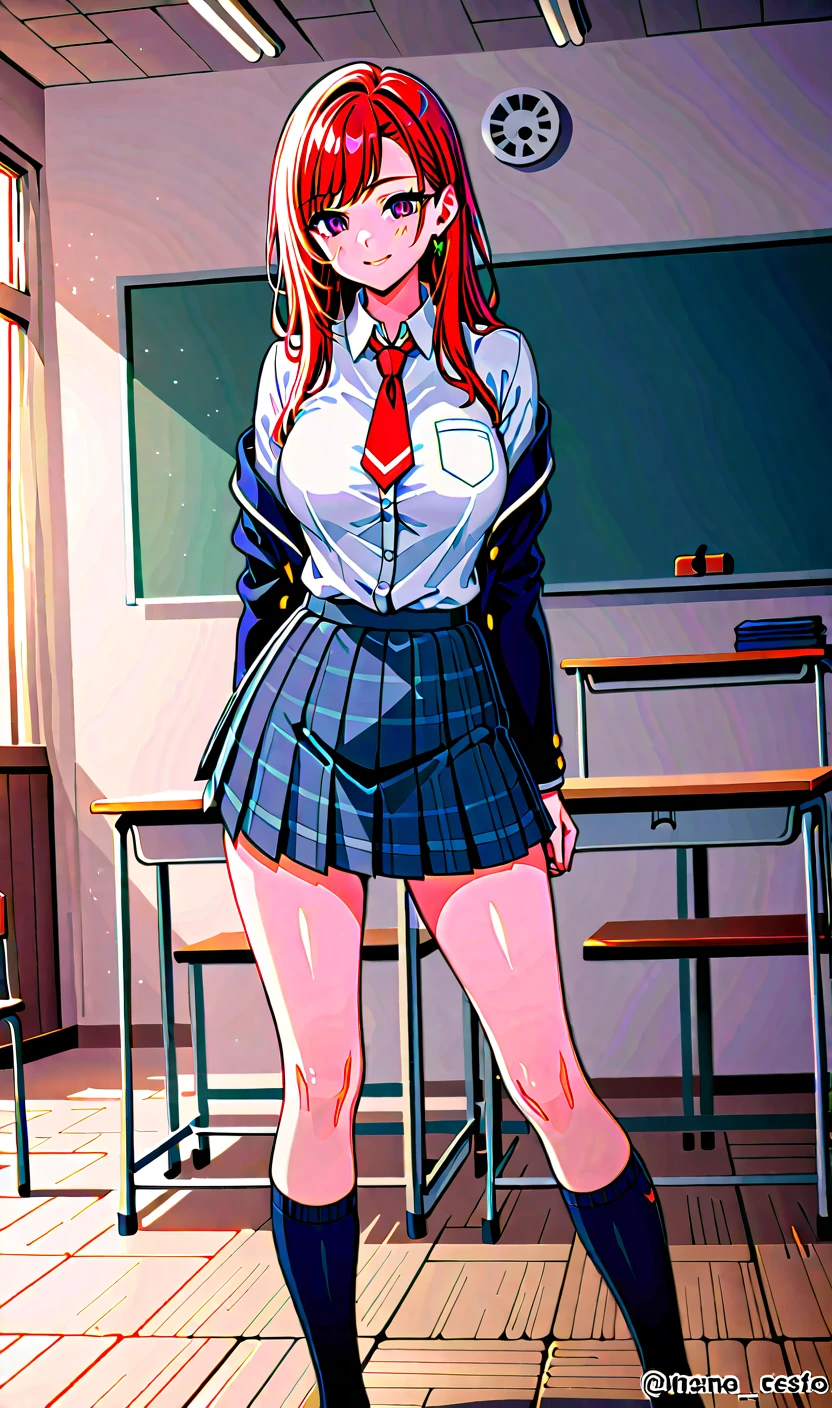Girl  in red hair and blue eyes, sitting on the floor, on her knees, realistic , hyperrealistic , a hyperrealistic , school girl, cute , beautiful  high school girl, commission for high res, thighhighs and skirt, teasing smile, wearing skirt,  school girl