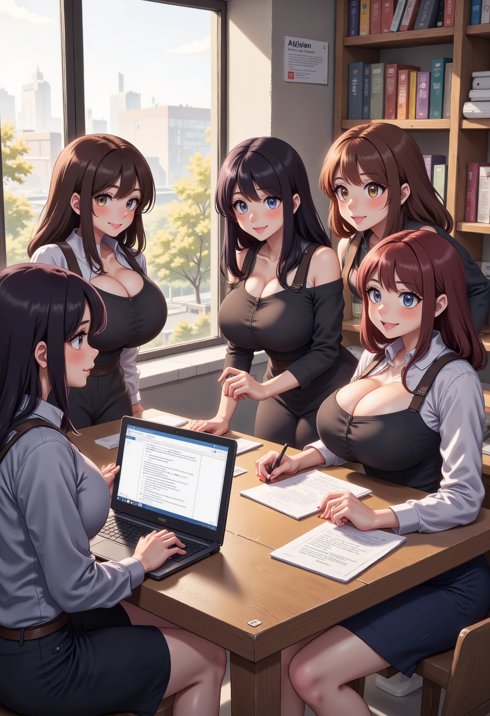 artistic illustration of two attractive females talking while behind a computer table, breasts, dark skin, brown hair, 2girls, multiple girls, dark-skinned female, red eyes, long hair, huge breasts