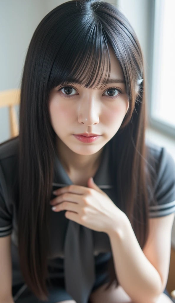 dutch angle, from above, thick thighs, sit, a lot of details, neat figure, 30 years old, detailed long hair, short wavy delicate hair, Lateral braid, detailed black hair, beatiful detailed hair, super fucking beautiful, happy, open mouth, perfect hands, small breast, perfect and delicate limbs, detailed skin, business suit, skirt, high heels, open jacket, cream background Clothes, Tables and chairs in disarray, window, best quality, ultra-detailed,
