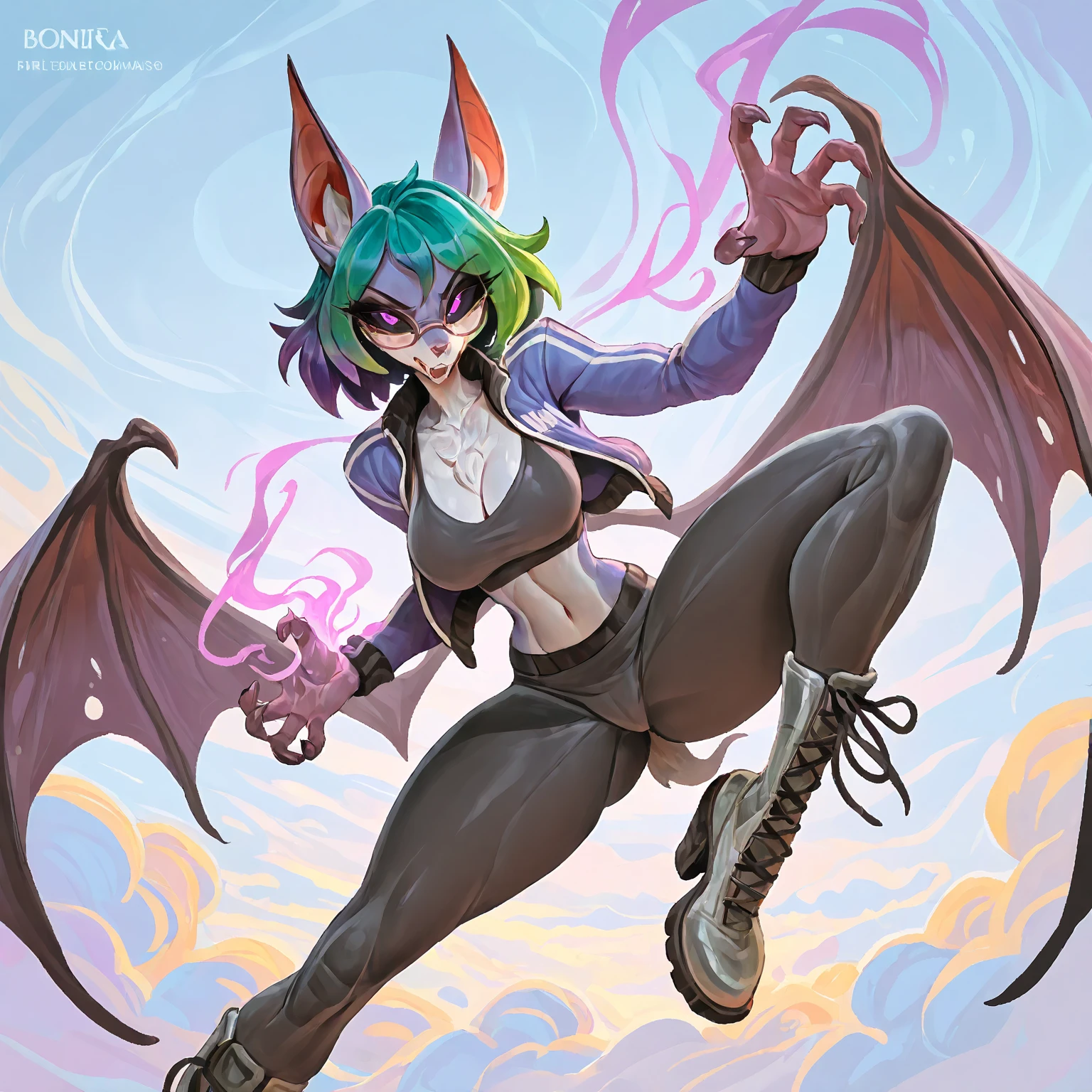 half dragon female with grey skin, with black hair pigtails style, with pink streaks, sharp teeth, biker outfit, dragon tail and dragon horns