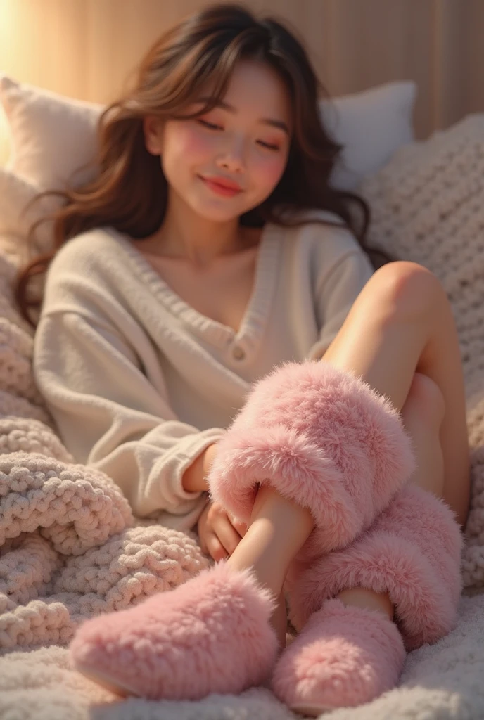 clothes White strip thigh high, cat paws glove, sweater, and mini skirt, on a bed