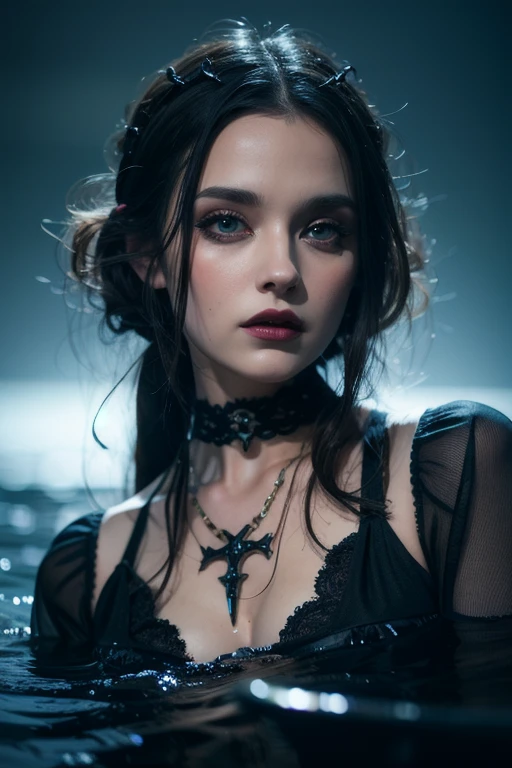 (best quality,4k,8k,highres,masterpiece:1.2),ultra-detailed,(realistic,photorealistic,photo-realistic:1.37),vampire,concept artists,portrait,detailed spooky background,stacks of bone wands,sinister atmosphere,girl with detailed facial features,strong perspective,turning towards the camera,frame composition