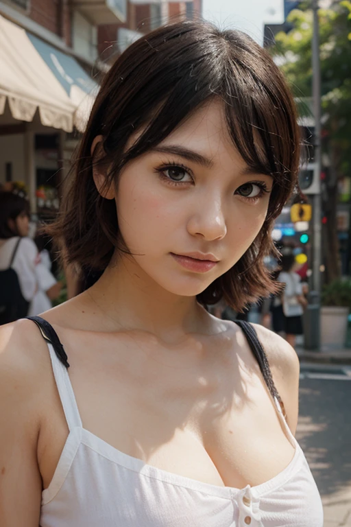 masterpiece, Best Quality, Illustration, Ultra-detailed, finely detail, hight resolution, 8K Wallpaper, Perfect dynamic composition, Beautiful detailed eyes, doress,short Hair, Natural Color Lip, Random and sexy poses,Smile,Aoyama Street Walk、20 years girl