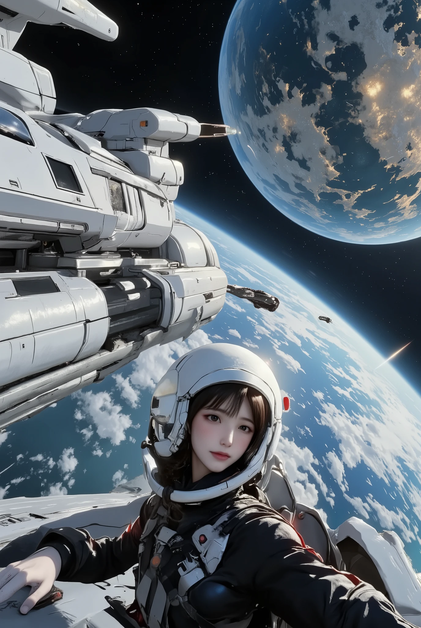 (Masterpiece,Highest quality,32k,Ultra-high resolution),lots of spaceship goes towards new earth in bg, 1 girl astronaut in space ship,ultra detailed,chromatic abbration, iridescent colors, aurora
