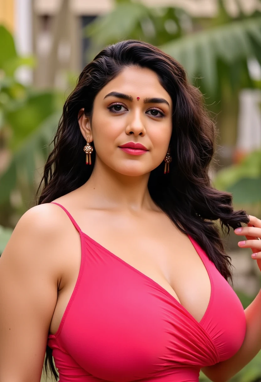 Red bra, Deep cleavage, medium , navel, realistic