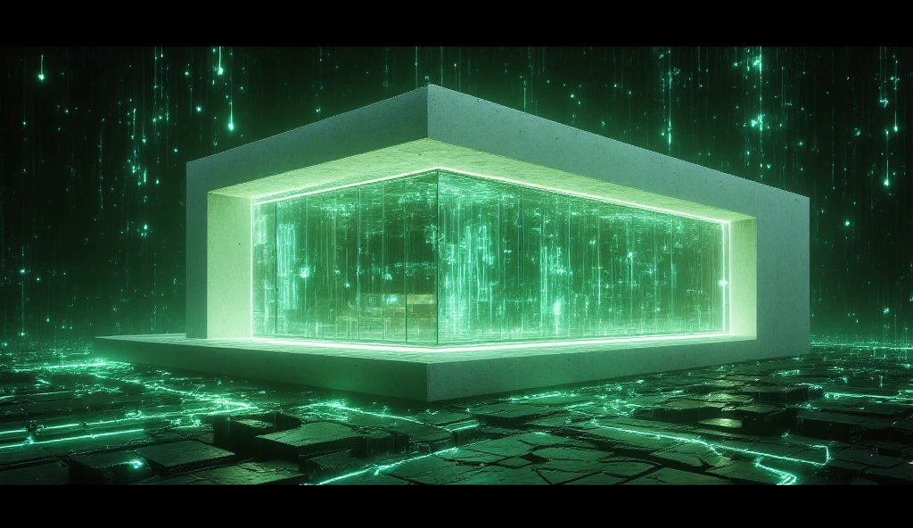 Ultra-realistic render, straight-on frontal view of a contemporary minimalist tiny house, visualized entirely through a Matrix-inspired digital code aesthetic. The structure is composed of cascading green code streams, glitching data fragments, and neon-lit wireframe geometry, revealing the underlying simulation of the model.

Inspired by the geometric design of the Rowing High Performance Centre in Pocinho and designed in the architectural style of Álvaro Andrade, the house retains its monolithic form with smooth white concrete surfaces—but instead of solid materials, its entire shape is constructed from pulsating green data strings, binary sequences, and procedural modeling lines. The sharp angular volumes, dramatic cantilevers, and precise geometric cuts appear as if emerging from the digital void, constantly shifting between reality and abstraction.

The floor-to-ceiling windows follow the same sharp-angled geometric logic but are formed by glowing matrix code, dynamically distorting the reflections of the environment. The surrounding Japanese suburban neighborhood is partially visible but also breaking apart into wireframe models, glitching polygons, and algorithmic noise.

The ground is a digital construct, with the stone-paved path flickering between physical texture and holographic gridlines. Rain appears as streams of falling data, merging into the fabric of the simulated world. The sky is a dark void with cascading vertical code, subtly illuminating the scene with an eerie neon-green glow.

Rendered in ultra-detailed 8K resolution, blending hyper-realism with a cyberpunk-inspired Unreal Engine aesthetic. The volumetric lighting enhances the surreal transition between digital architecture and simulated reality, creating an immersive, cinematic representation of a world where architecture is pure data.