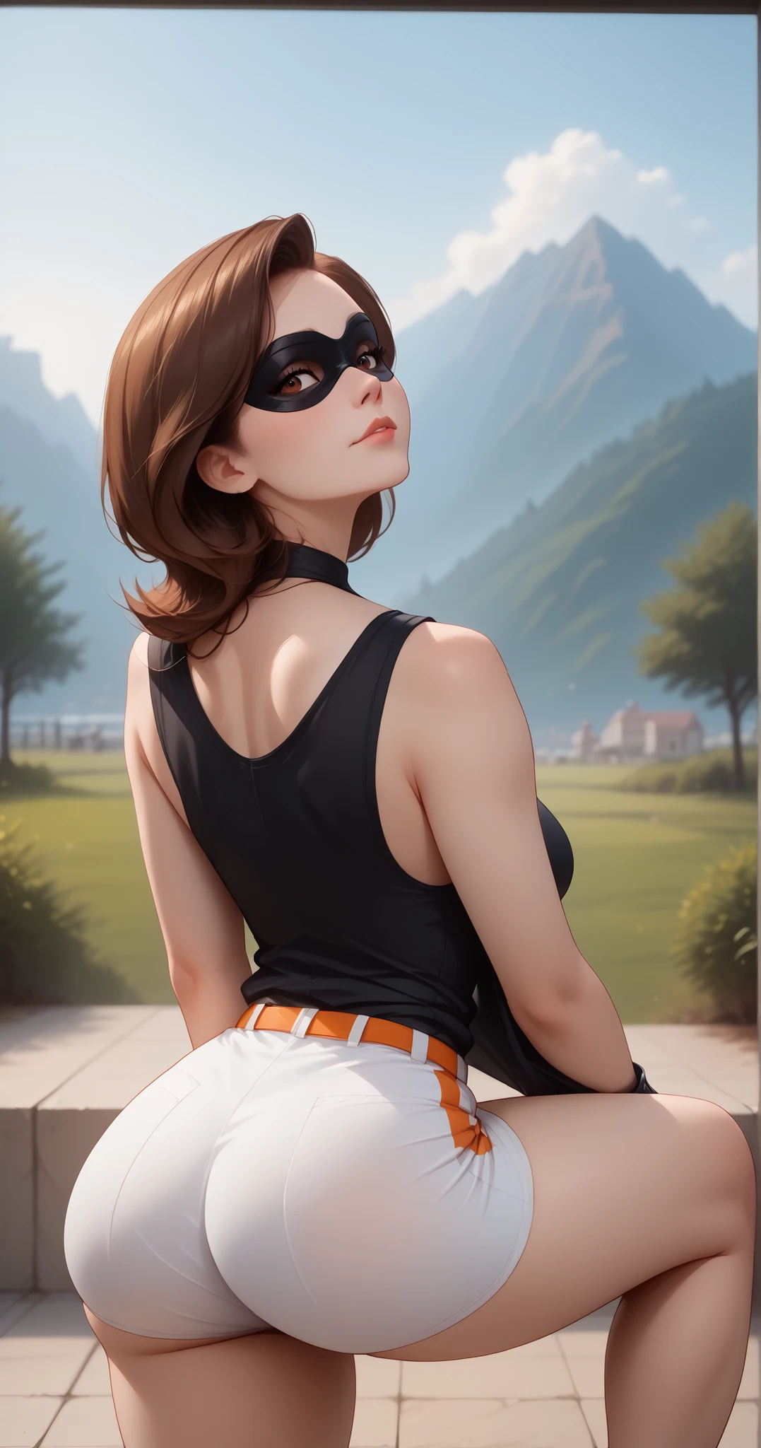 score_9 , score_8_up , score_7_up , score_6_up , BREAK, (((Best Quality , 8K , Masterpiece: 1 . 3)) , Full Body , Focus Clear: 1 . 2 , Outstanding Beauty: 1 . 4 , Slender Abs: 1 . 2)) , ((dynamic angle)) , (((wide view))) , wide-angle lens , extremely detailed , CG , 8k Amazing , finely detail)) , (intricate details , depth of field) , 8k UHD, Expressiveh , (cute face , cute body))), 1girl, high detailed, backside, photo from behind, thicc, wide hips, tight shorts, detailed face, beautiful expression, alluring gaze, captivating pose, elegant silhouette, dynamic composition, cinematic lighting, warm color palette, photorealistic, 8K, hyper detailed, professional photography, natural skin tones, studio lighting, (((1girl, helenp, helen parr, elastigirl, brown hair, brown eyes, domino mask, mask, red bodysuit, black highleg shorts, orange belt, black elbow gloves, black thigh boots, wide hips, medium breasts))), ((((seductive pose , sexy pose , cowboy pose , hourglass figure)))) , ((precise face and eyes:1))