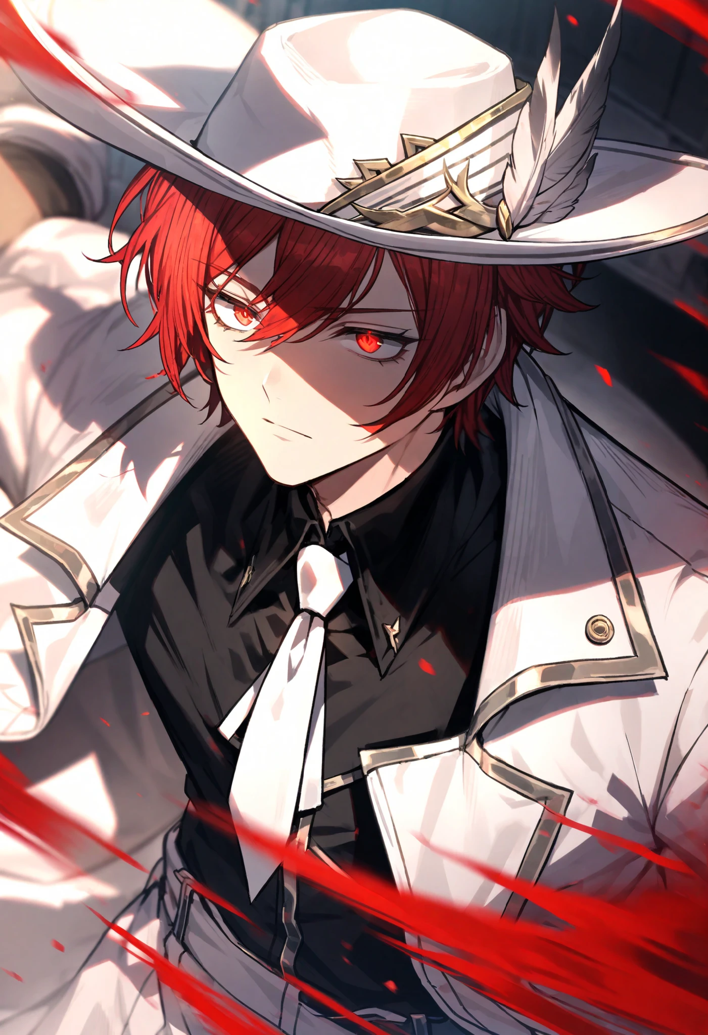 Male, solo, short hair, red hair, red eyes, black shirt, white tie, white coat, white hat