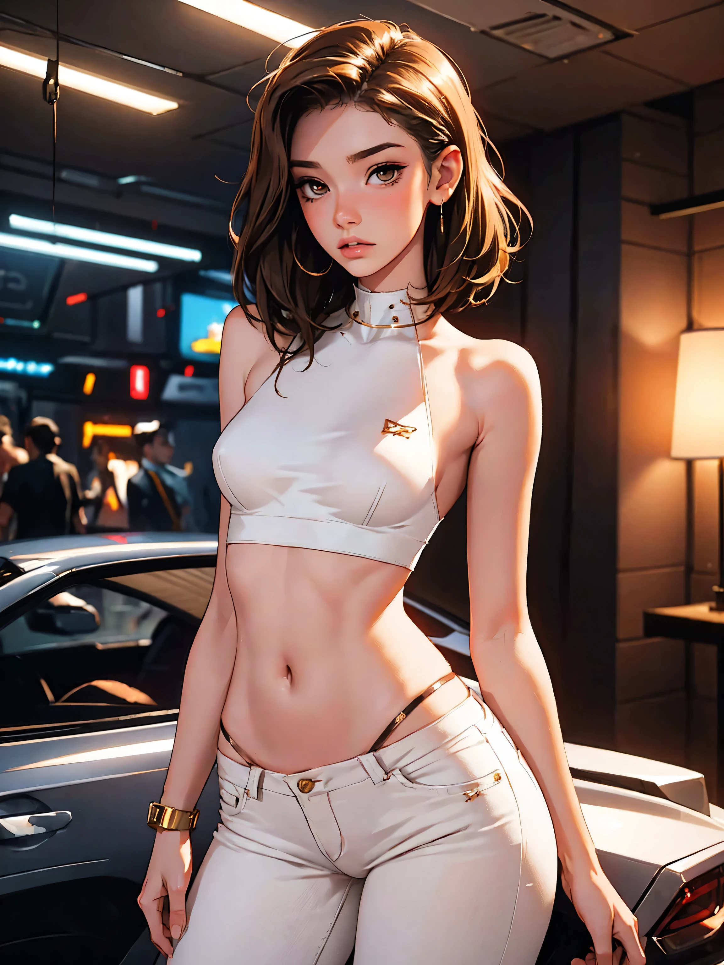 tmasterpiece,(tmasterpiece,top-quality,best qualityer),1girll, jewely,耳Nipple Ring,choker necklace,bangle, hoop earings, circle glasses,sun glasses, Long brown hair with blonde highlights, , ssmile, looking at viewert, motorvehicle,The Car, Sports cars,groundvehicle, Sat down, exteriors, daysies, nedium breasts,Open navel, dark skinned female, floral patterns, grinning smile,collars,Laser cloth,Sexy bikini,laser,holy rays,gold foil,Gold leaf art,glitter drawing,Correct anatomy,Detailed face, Detailed eyes,Chest exposed,(miami, night life)
