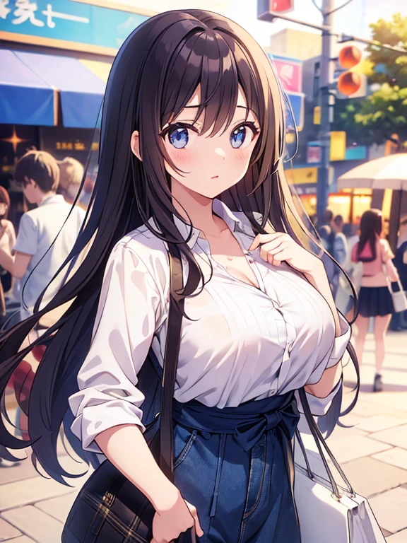 A beautiful girl in jeans and a bra top walking down a street, anime girl, night street, houses and shops in the street, street lit by street lamps, trees, night sky, starry night, yawning face, big rounds breasts, (white tanktop, blue jeans pants), dark brown hair, bangs, long hair, wavy hair, hair one side up, expressive hair, shiny hair, two side up, hairclip, ribbon, aqua eyes, glowing eyes, pupils sparkling, blush, bright pupils, one eye closed, tight clothing, varied poses, anime, high detail, anime style, depth of field, dithering, chiaroscuro, image fill, first-person view, pov, three sided view, panorama, perspective, photography, lens flare, Wide-Angle, f/1.8, 85mm, Nikon, 40k, super detail, UHD, retina, masterpiece, accurate, anatomically correct, textured skin, highres, best quality
