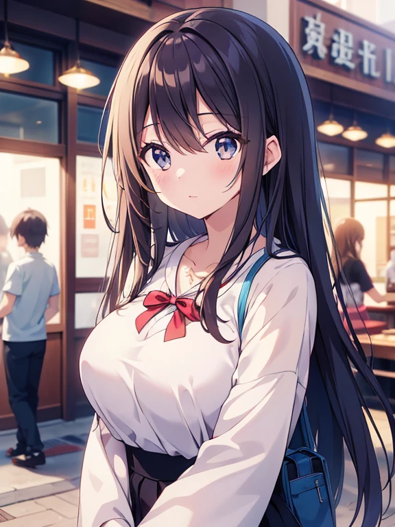 (highest quality:1.2, Anime artwork, Very detailed, High Detail, digital coloring, High Contrast, masterpiece:1.2, highest quality, Best aesthetics), (((kitagawa marin, 1 girl))), Black Hair, Straight long hair, Pink gradient hair, empty eyes, Earrings, White shirt, Black choker, Blue tie, Checked skirt, Pouting, slouch, Are standing, Cowboy Shot, bustling street, lift skirt myself,show me panty